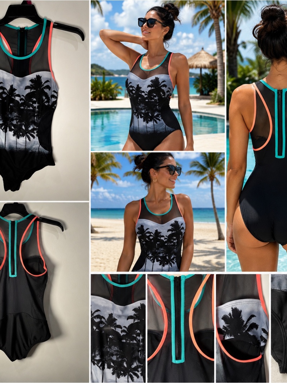 Swimsuit Medium One Piece Palm Tree Mesh Racerback Zip Tropical Black Beachwear